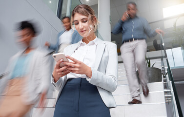 Business woman, smartphone at office with motion blur and communication, fast pace and busy with technology and wifi. Chat, email and social media, female and speed with movement and mobile app - obrazy, fototapety, plakaty