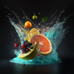 Fototapeta na wymiar Fruits on a water splash. Generative AI.
