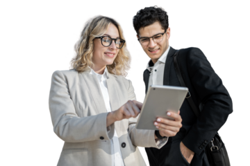 Office employees using a laptop in formal attire man and woman isolated transparent background, png.