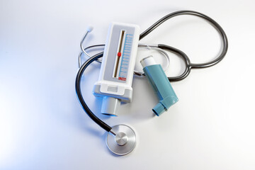 Medical devices for asthma, allergy and COPD, peak flow meter, inhaler pump spray and a stethoscope...