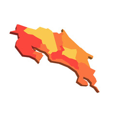 Costa Rica political map of administrative divisions - provinces. 3D map in shades of orange color.