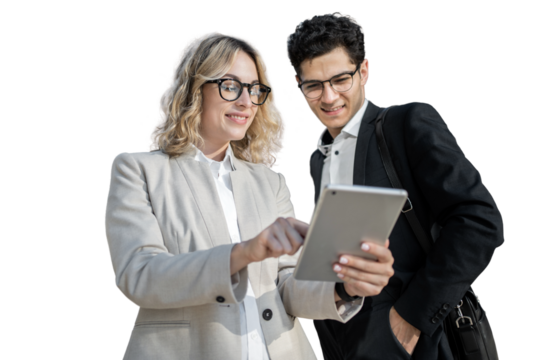 Office employees using a laptop in formal attire man and woman isolated transparent background, png.