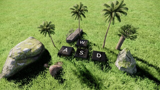 Mechanical keyboard keycaps with wasd letter symbol on natural grass 3d render