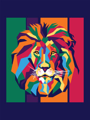 Colorful lion, in modern pop art style, dark blue background.