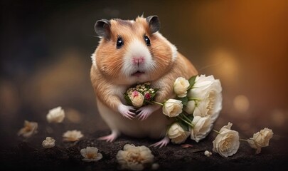  a hamster with a bouquet of flowers in its mouth.  generative ai