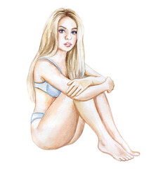 Naklejka premium blonde girl in a blue swimsuit sitting on the beach isolated on white background. Watercolor illustration. Concept, beauty, women's health, relaxation