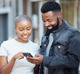 City, communication and couple browsing on a cellphone with social media, mobile app or the...
