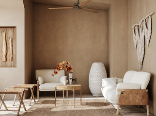 Modern nomadic home interior background in beige tones, 3d render