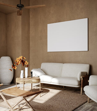 Poster frame mockup in modern nomadic home interior background, 3d render
