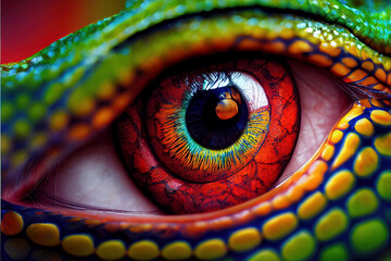 Reptile eye, red eye, green eye, yellow eye. Digital illustration created with Generative AI technology