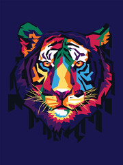 Colorful tiger, in modern pop art style, dark blue background.