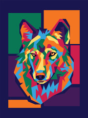 Colorful wolf, in modern pop art style, dark blue background.