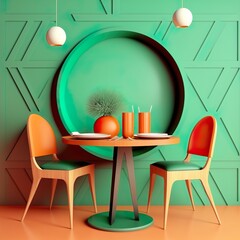 Design d'intérieur avec table ronde en bois et chaises. Salle à manger moderne avec mur vert et orange. Design d'intérieur de café, bar ou restaurant. Intérieur de maison.
IA générative 