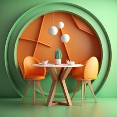 Design d'intérieur avec table ronde en bois et chaises. Salle à manger moderne avec mur vert et orange. Design d'intérieur de café, bar ou restaurant. Intérieur de maison.
IA générative 
