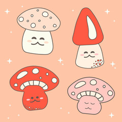 Set of mushrooms with funny faces in retro hippie style