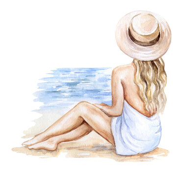 girl, blonde woman in a summer hat on the beach in a hat, sea, sand, vacation, relax. Watercolor illustration isolated on white background. Clip art.