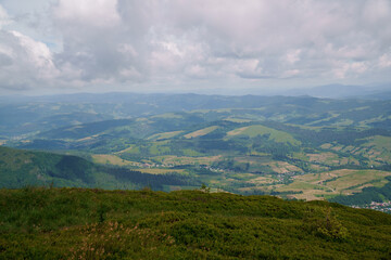 Naklejka premium Beautiful summer mountain landscape, forest, clouds. Mount Gemba Pylypets Ukraine. Ukrainian mountains Carpathians, Transcarpathia