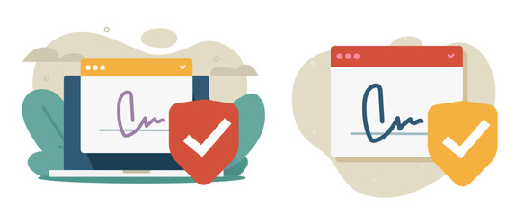 Signature digital electronic smart agreement contract signing vector icon with authenticity identity check shield graphic illustration, web internet cyber e sign technology graphic image clipart