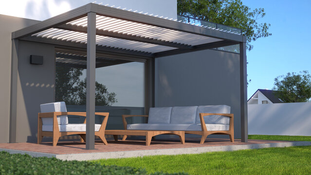 Modern house with garden and bioclimatic pergola. 3D illustration.