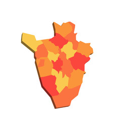 Burundi political map of administrative divisions - provinces. 3D map in shades of orange color.