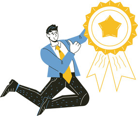 Businessman or office worker with medal award in jump. Successful winner receives an award and appreciation for his achievements.