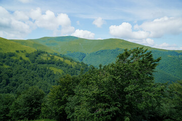 Beautiful summer mountain landscape, forest, clouds. Mount Gemba Pylypets Ukraine. Ukrainian mountains Carpathians, Transcarpathia
