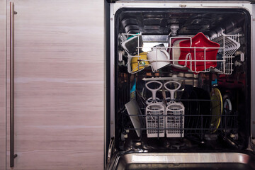 dishwasher screwed up with dirty dishes, concept of cleaning at home and in the kitchen, copy space...