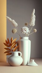 Vases with flowers and leaves: still life, deco, interior, ceramics, white, brown, light, object, pottery, empty, blank, nobody, no people, minimalistic, photorealism, illustration, Gen. AI