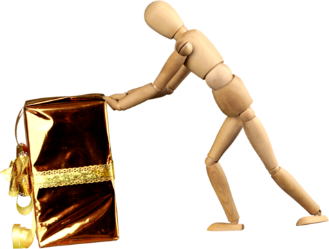 Miniature wooden mannequin pushing a wrapped gift