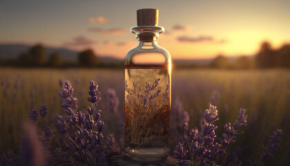 Obraz na płótnie Canvas lavender essential oil in clear bottle in lavender field. Generative AI