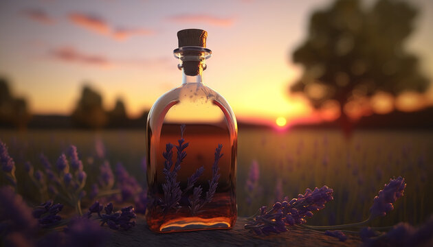 lavender essential oil in clear bottle in lavender field. Generative AI