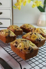 banana and date cake on an iron tray fresh out of the oven