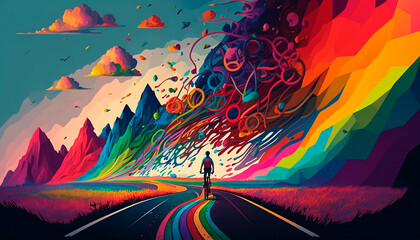 Wallpaper with a man riding a bike down a rainbow colored road, colorful, painting