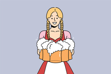 Smiling woman in traditional costume holding glasses of beers. Waitress serving drinks of German festival. Oktoberfest event. Vector illustration. 