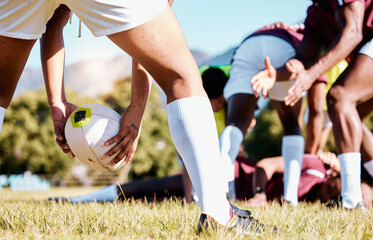 Ball, scrum or hands of rugby men in training, exercise or workout match on sports field in...