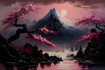 A beautiful landscape illustration, Japanese Style, Dramatic. Generative AI