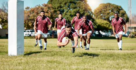 Rugby, team on field and sports game with men, athlete running and player score a try with ball,...