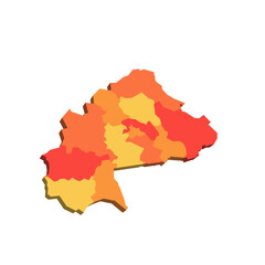 Burkina Faso political map of administrative divisions - regions. 3D map in shades of orange color.