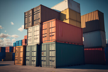 Fototapeta premium Container terminal at port, international commerce. Generative AI illustration.