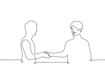 men smiling shaking hands - one line drawing vector. concept pleasant meeting or acquaintance