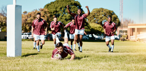 Rugby, team and sports game with men celebrate player scoring a try, fitness and active outdoor with cheers. Happy, winning and support with competition and exercise, championship match and energy