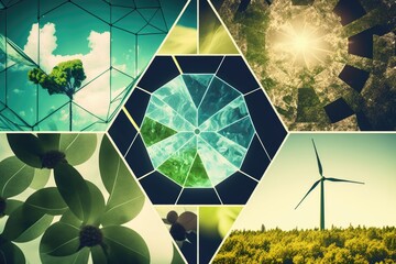 Mosaic of images that promote green energy. Generative AI