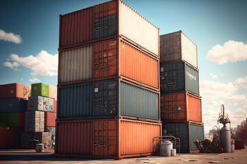 Fototapeta premium Containers waiting to be loaded. Generative AI illustration.