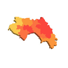 Guinea political map of administrative divisions - regions. 3D map in shades of orange color.