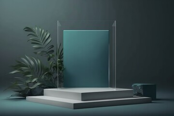 a minimalist podium product stand showcase with empty display stage in concrete and glass material