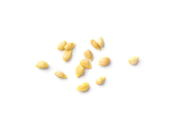 Mandarin Seeds Isolated, Tangerine Seed Pile, Fresh Citrus Grains, Lemon Seeds Isolated on White Top View