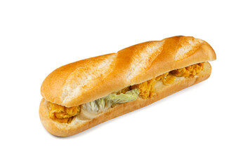 French Baguette Sandwich Isolated, Long Bread Loaf with Chicken Nuggets, Lettuce, Cucumbers on White