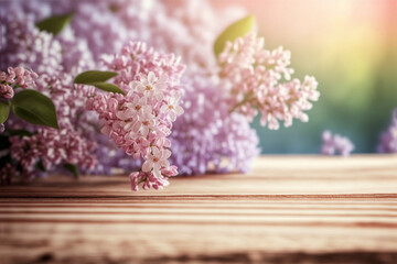 Lilac on the wooden table, created with Generative AI technology