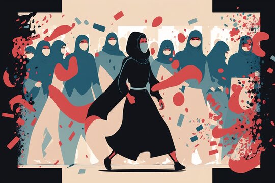 a fictional women rights concept of an Arabic woman with head scarf in a riot protest