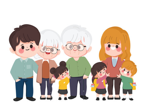 Hand drawn cartoon of big family people. Flat cartoon vector character design.